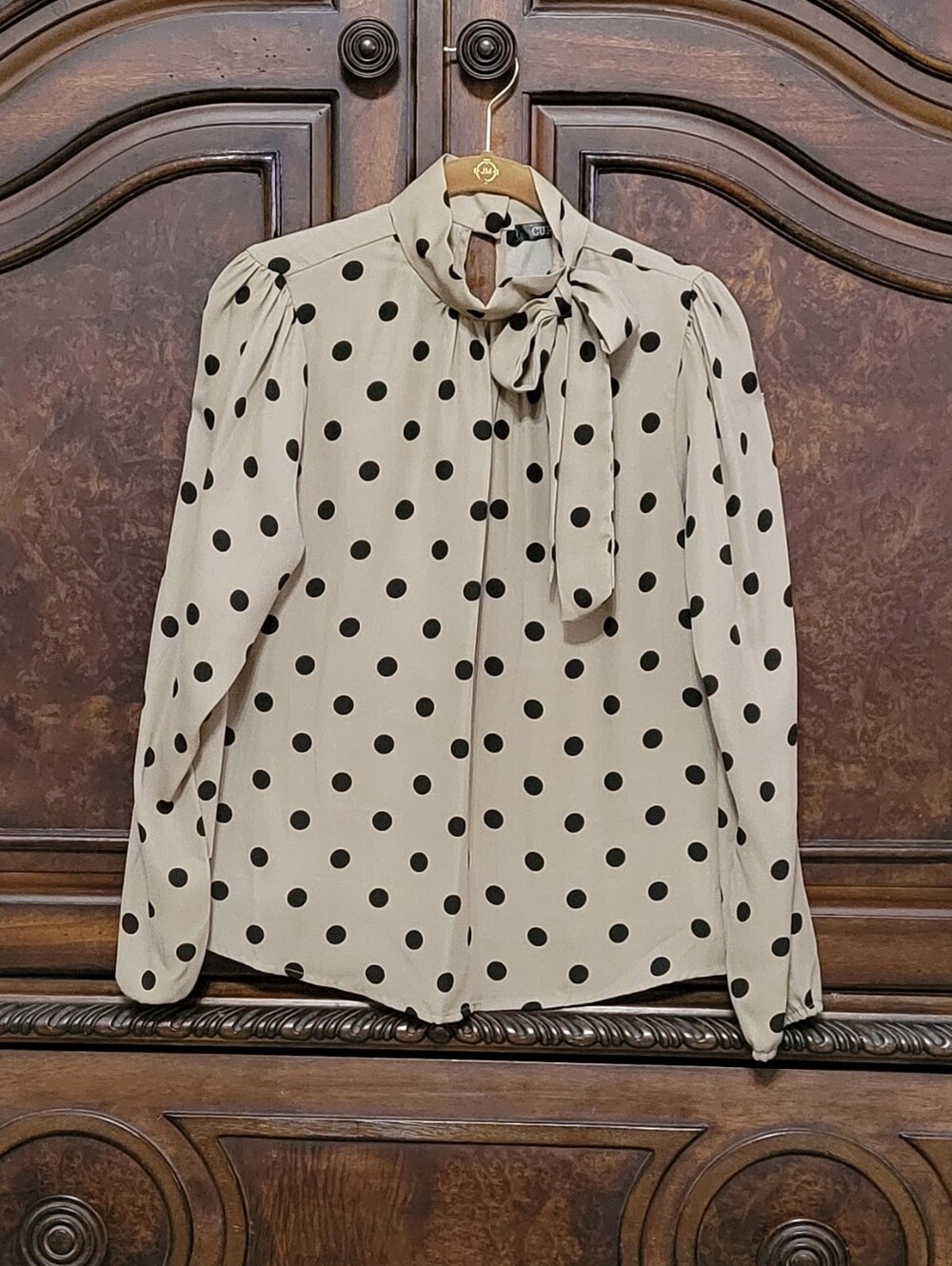 Polka Dot Tie-Neck Blouse - Cream with Black Dots
